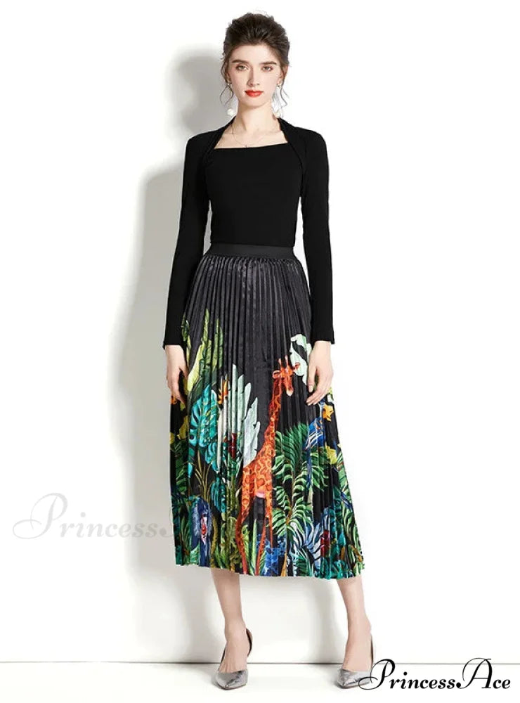 Retro Square Neck Long Sleeve Top with Printed Pleated Skirt Suit S / green