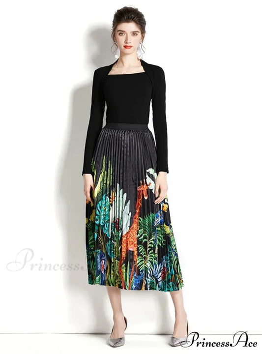 Retro Square Neck Long Sleeve Top with Printed Pleated Skirt Suit S / green