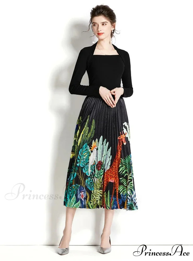 Retro Square Neck Long Sleeve Top with Printed Pleated Skirt Suit S / yellow