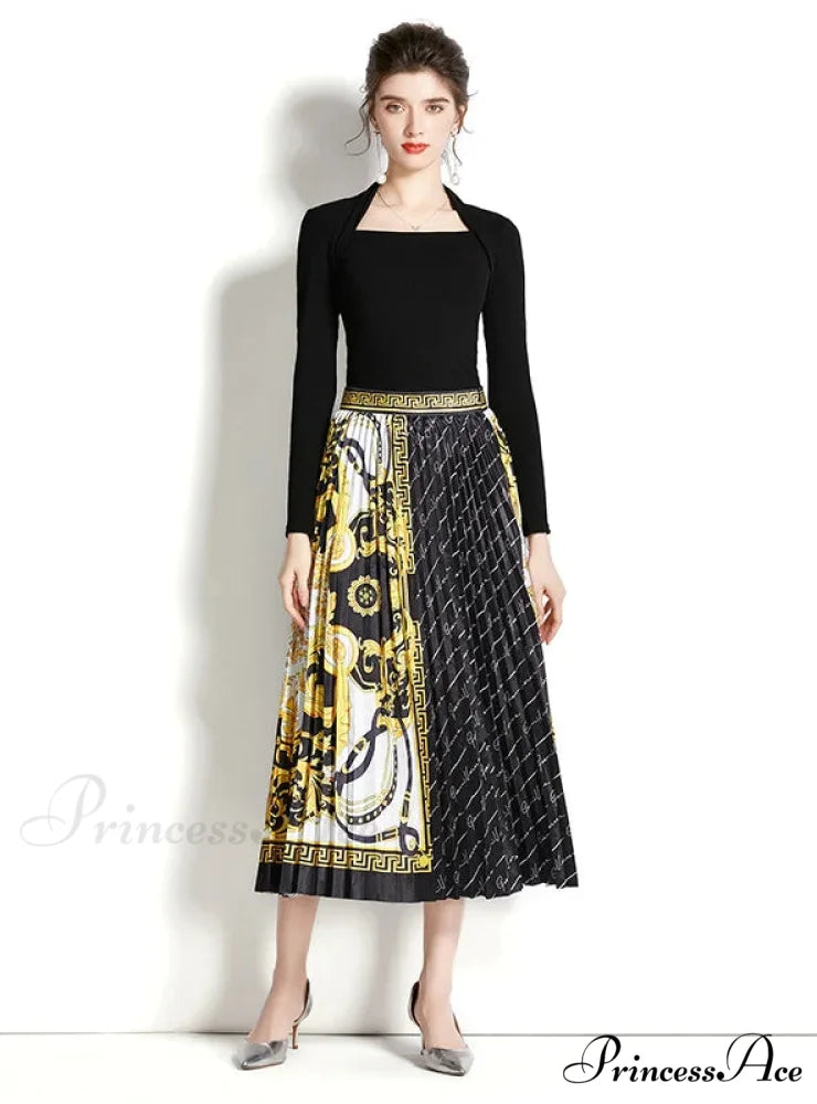 Retro Square Neck Long Sleeve Top with Printed Pleated Skirt Suit XL / green