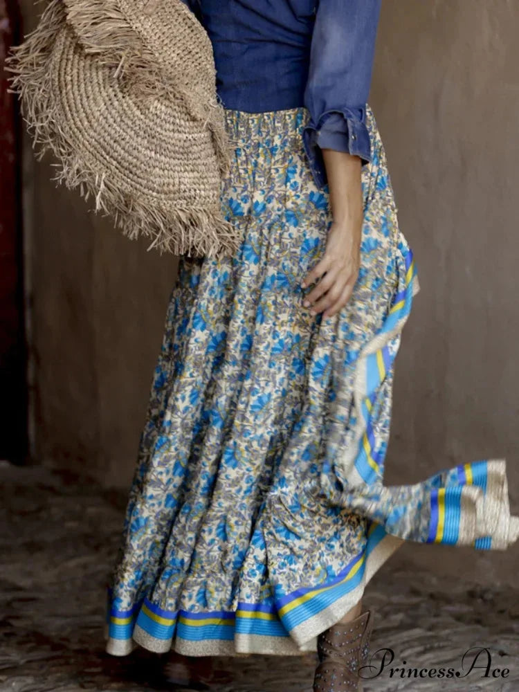 Retro Style Cultural Floral Pattern Shoreline Free-Spirited Irregular A-Line Boho Skirt skirt-250126