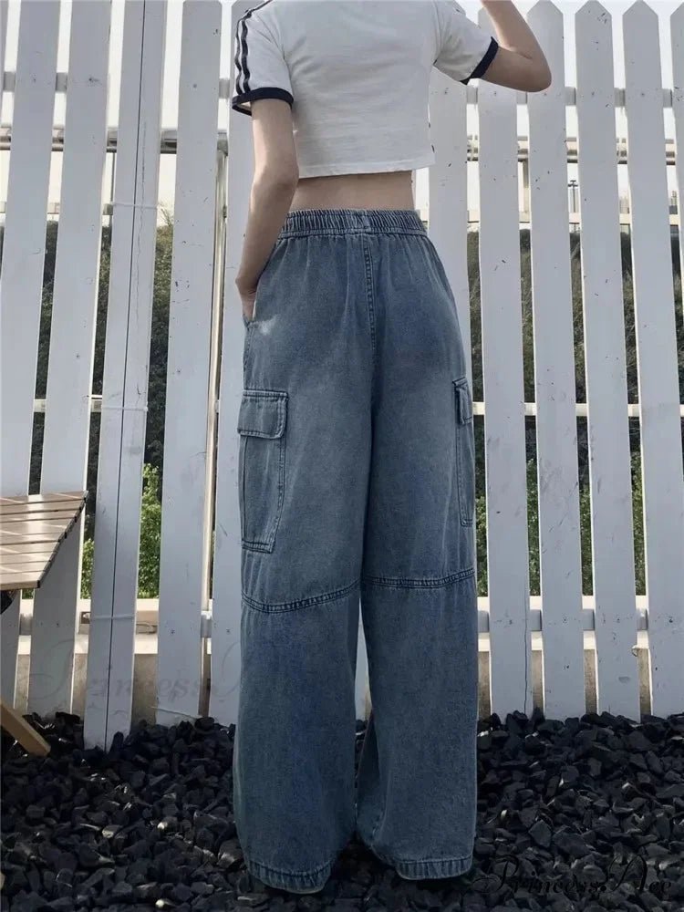 Retro Style Loose Multi Pocket Wide Leg Graffiti High Waist Straight Leg Women’s Jean