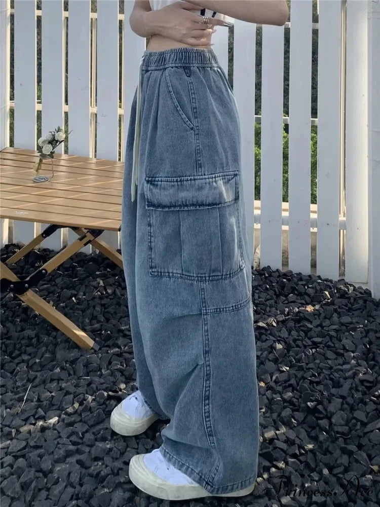 Retro Style Loose Multi Pocket Wide Leg Graffiti High Waist Straight Leg Women’s Jean