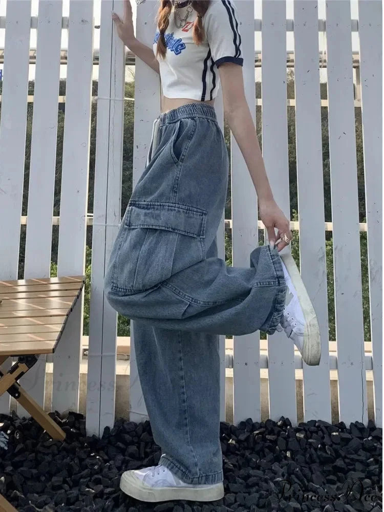 Retro Style Loose Multi Pocket Wide Leg Graffiti High Waist Straight Leg Women’s Jean