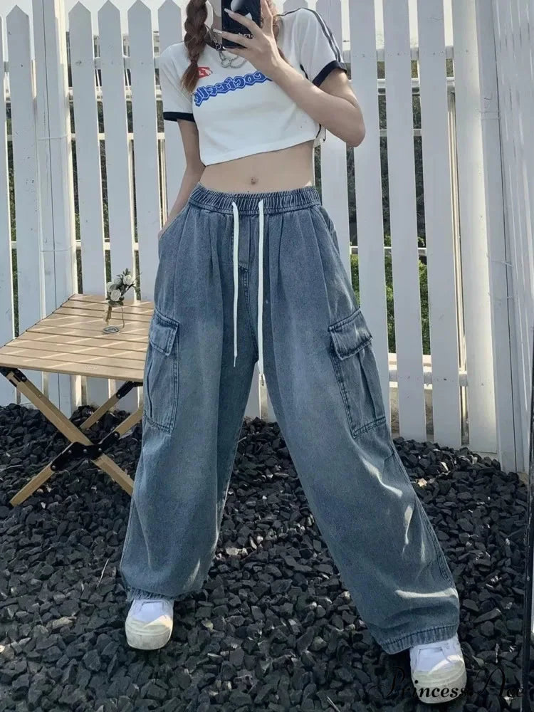 Retro Style Loose Multi Pocket Wide Leg Graffiti High Waist Straight Leg Women’s Jean Blue / S