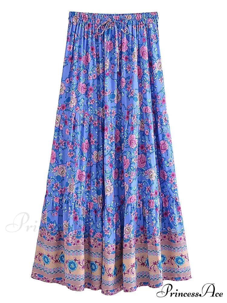 Retro Style Seaside Flower Pattern Bohemian Skirt Strong Stretch A-Line Boho skirt-250126