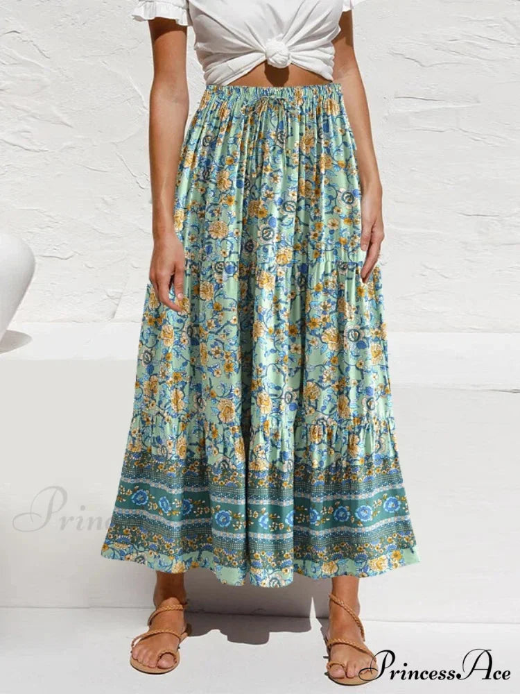 Retro Style Seaside Flower Pattern Bohemian Skirt Strong Stretch A-Line Boho Green / S skirt-250126