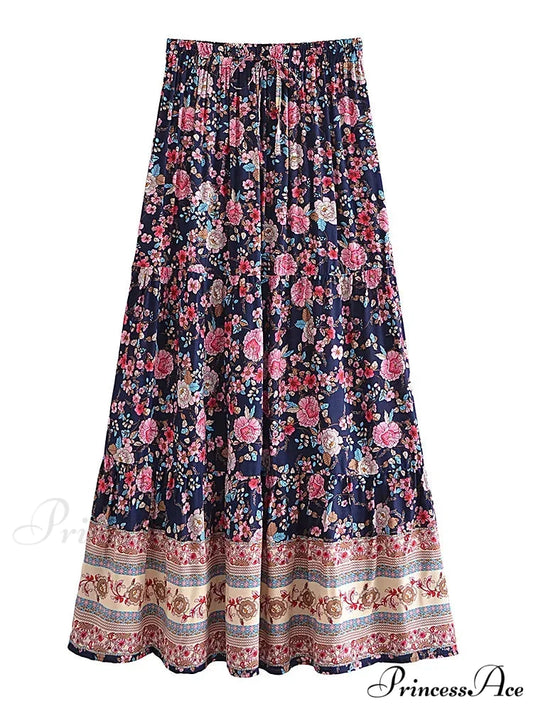 Retro Style Seaside Flower Pattern Bohemian Skirt Strong Stretch A-Line Boho navy / S skirt-250126