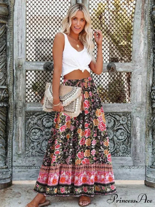 Retro Summer Flower Pattern Shore Boho Pleated Skirt Tall Waist A-Line as picture / S skirt-250126