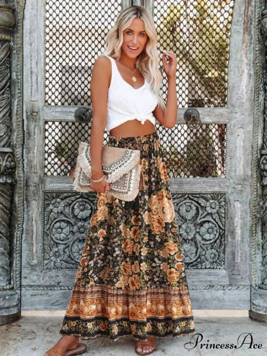 Retro Summer Flower Pattern Shore Boho Pleated Skirt Tall Waist A-Line Black / S skirt-250126
