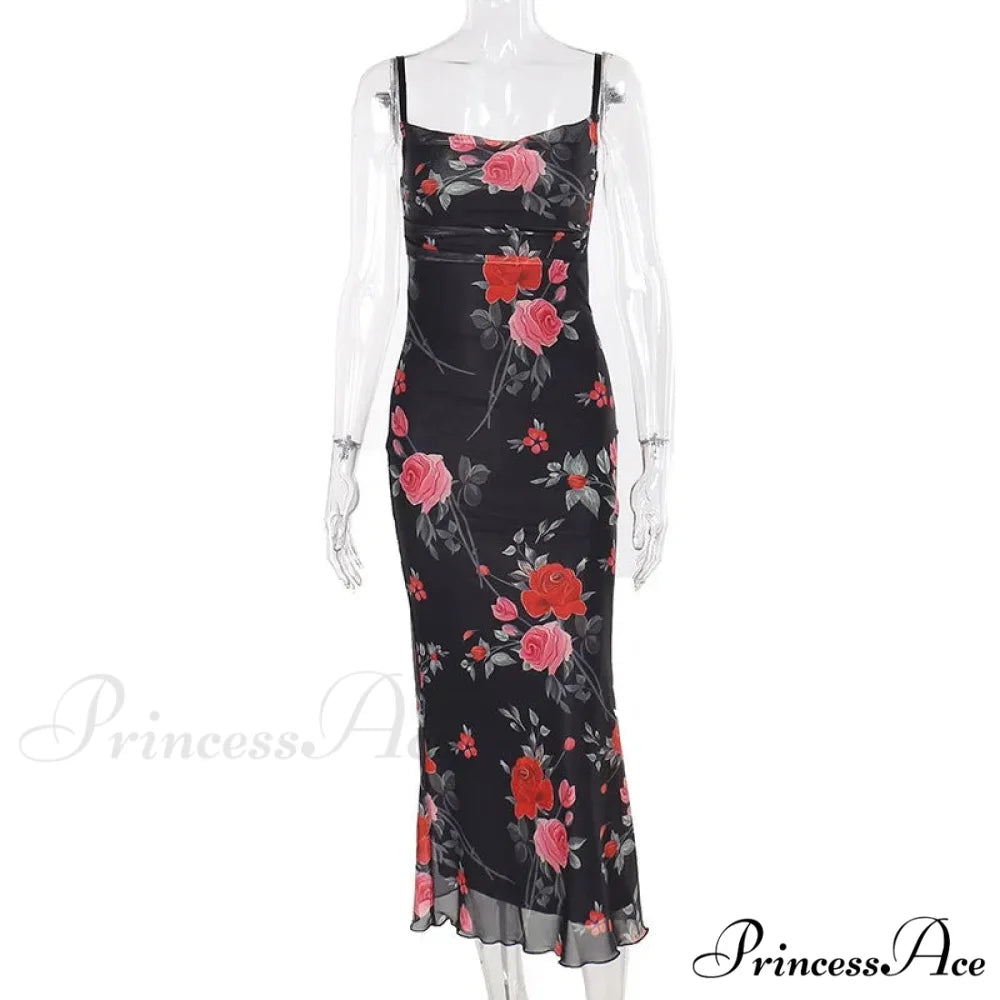 Retro Summer SlimSleeveless Backless Long es Female Party Temperament Woman Floral Dress