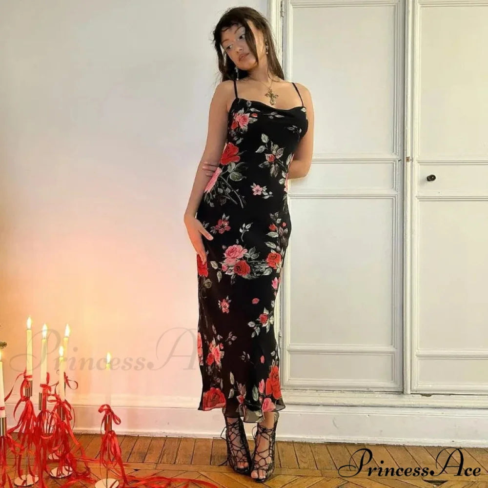 Retro Summer SlimSleeveless Backless Long es Female Party Temperament Woman Floral Dress