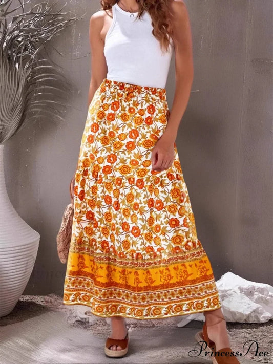 Retro Summer Style Golden Flowered Printed Seaside Boho Cotton Rayon Skirt as picture / S skirt-250126