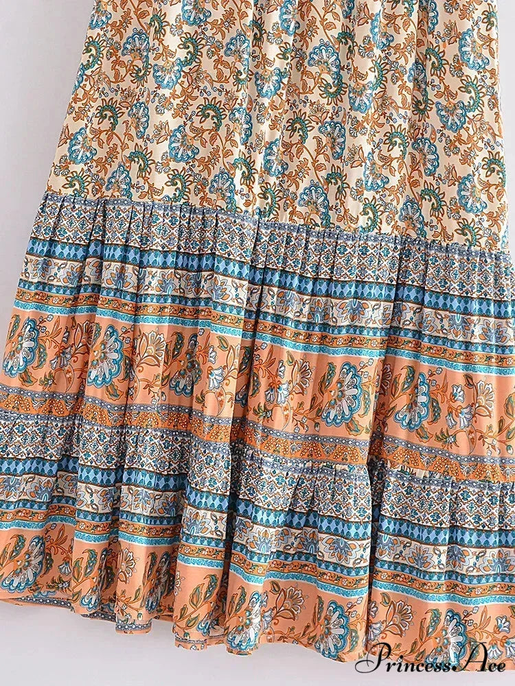 Retro Summery Flower Pattern Shoreline Boho Long A-Line Skirt skirt-250126