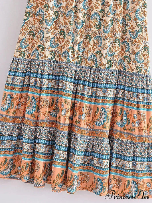 Retro Summery Flower Pattern Shoreline Boho Long A-Line Skirt skirt-250126