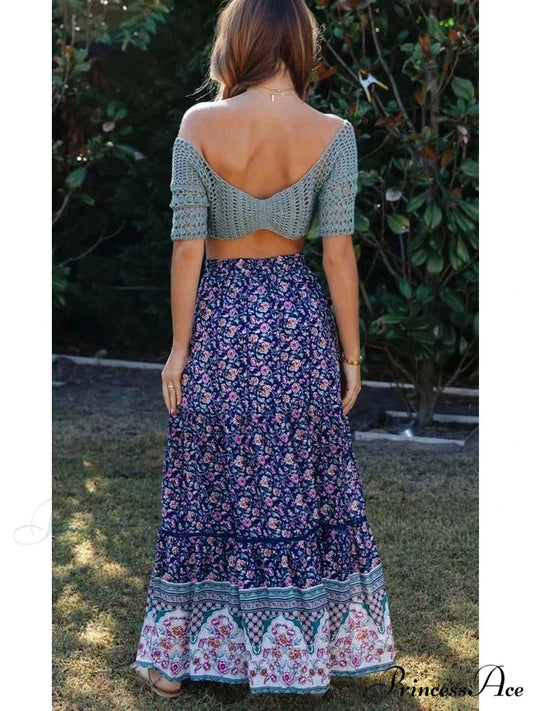 Retro Summery Flowered Pleated Bohemian Rayon Maxi Skirt skirt-250126