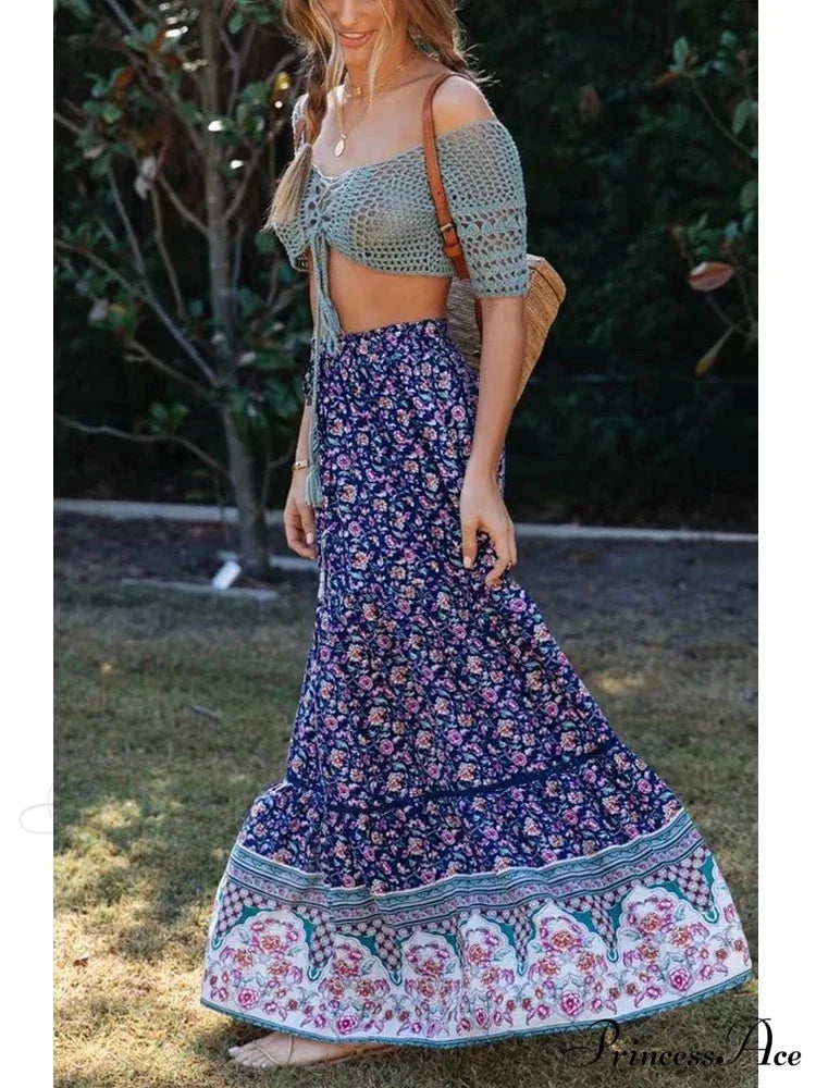 Retro Summery Flowered Pleated Bohemian Rayon Maxi Skirt skirt-250126