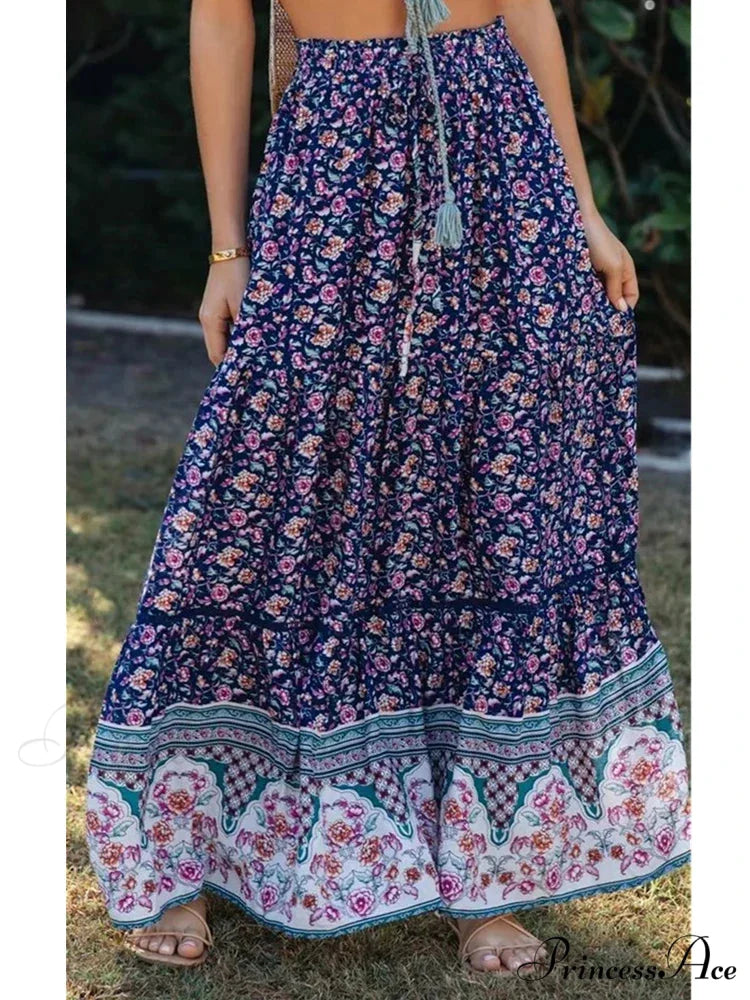 Retro Summery Flowered Pleated Bohemian Rayon Maxi Skirt LIGHT BLUE / S skirt-250126