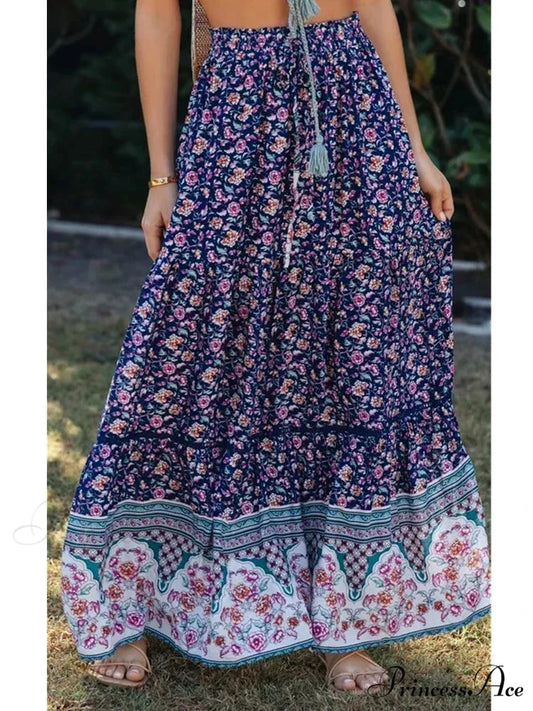 Retro Summery Flowered Pleated Bohemian Rayon Maxi Skirt LIGHT BLUE / S skirt-250126