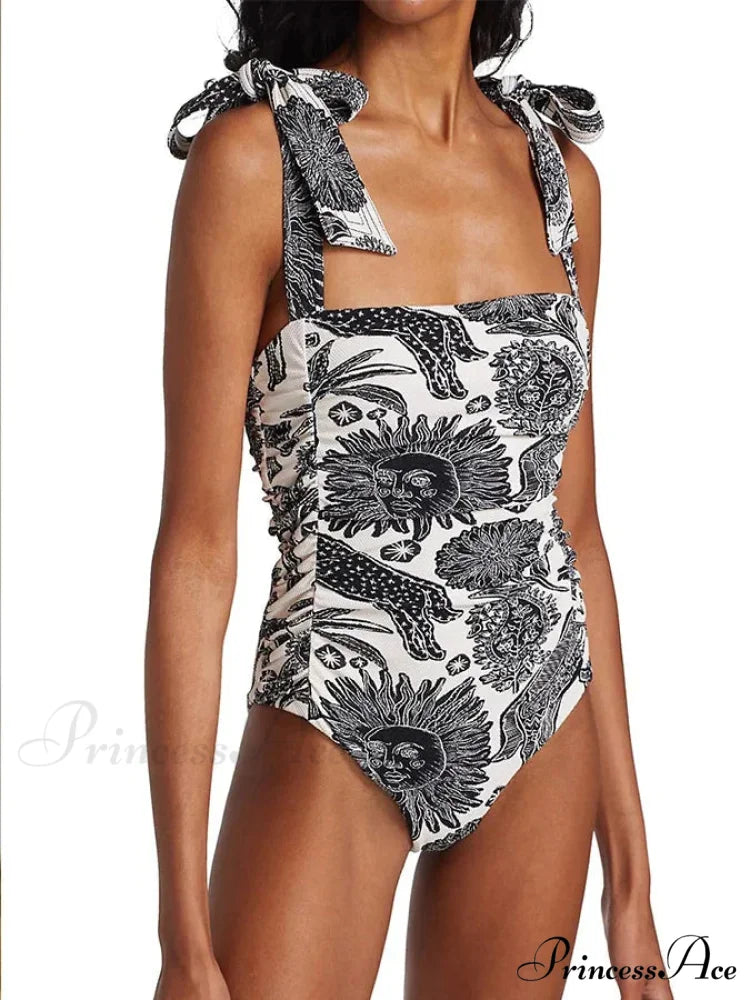 Retro Sun Outline Print Open-Back Swimsuit Single Piece Black / S onepiece-250223