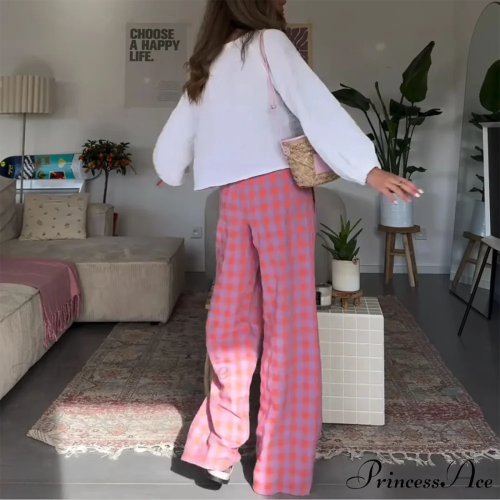 Retro Tartan High Rise Relaxed Casual Aesthetic Pant pant-250223