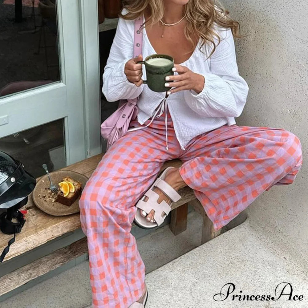 Retro Tartan High Rise Relaxed Casual Aesthetic Pant pant-250223