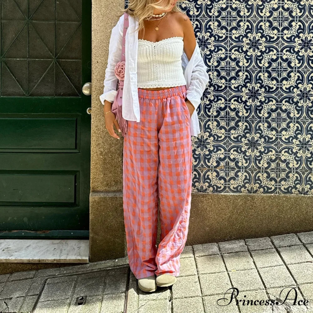 Retro Tartan High Rise Relaxed Casual Aesthetic Pant pant-250223