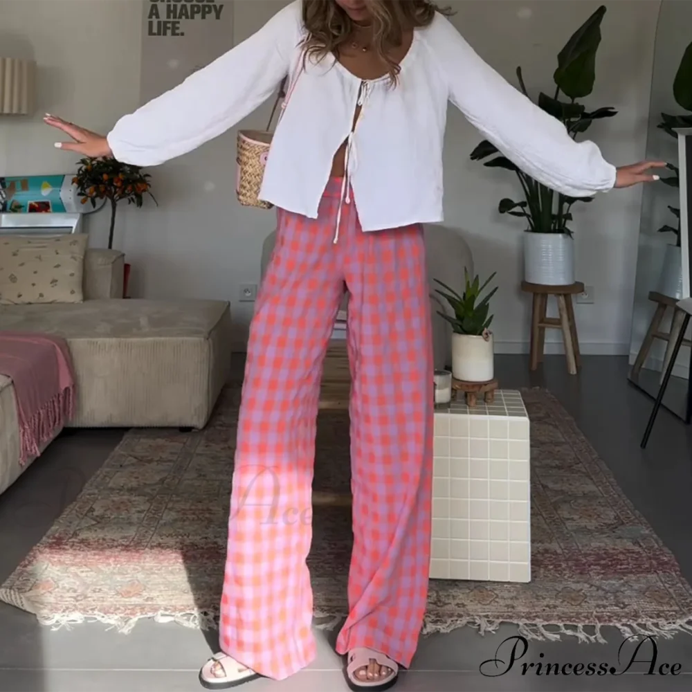 Retro Tartan High Rise Relaxed Casual Aesthetic Pant pant-250223