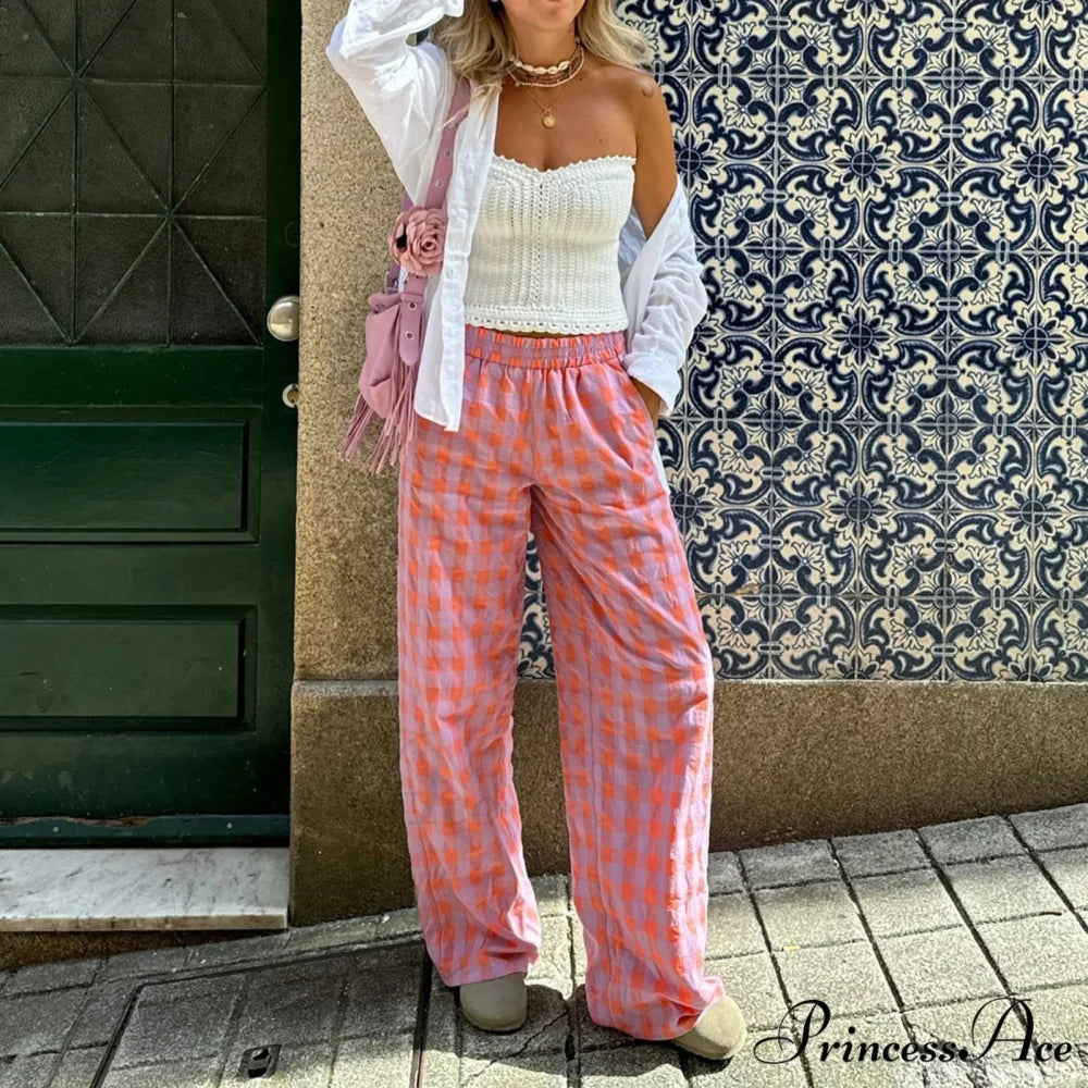 Retro Tartan High Rise Relaxed Casual Aesthetic Pant pant-250223