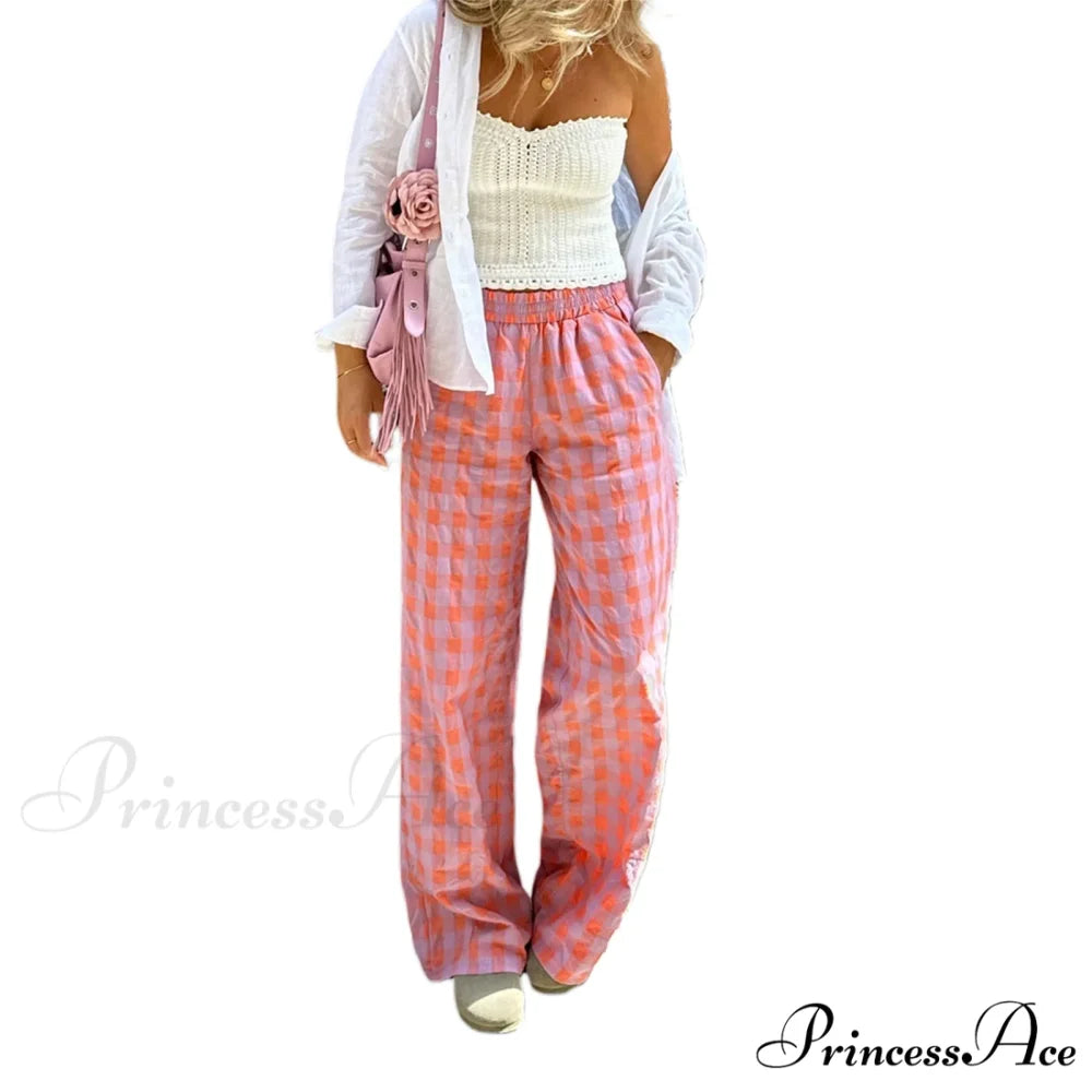 Retro Tartan High Rise Relaxed Casual Aesthetic Pant RED / S pant-250223