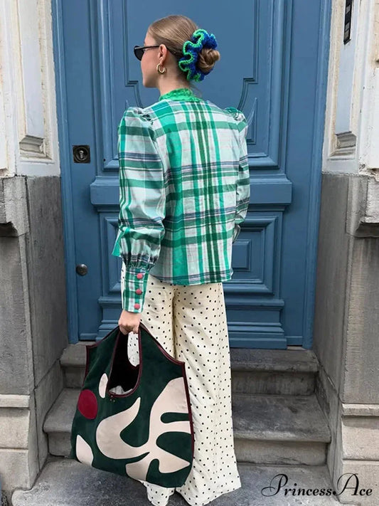 Retro Tartan Opposing Round Neck Blouse blouse-250223