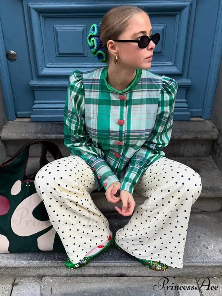 Retro Tartan Opposing Round Neck Blouse blouse-250223