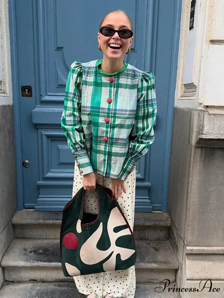 Retro Tartan Opposing Round Neck Blouse blouse-250223