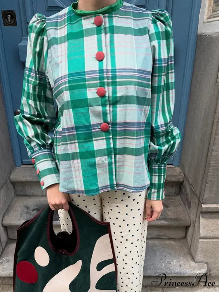 Retro Tartan Opposing Round Neck Blouse blouse-250223