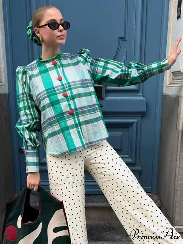 Retro Tartan Opposing Round Neck Blouse blouse-250223