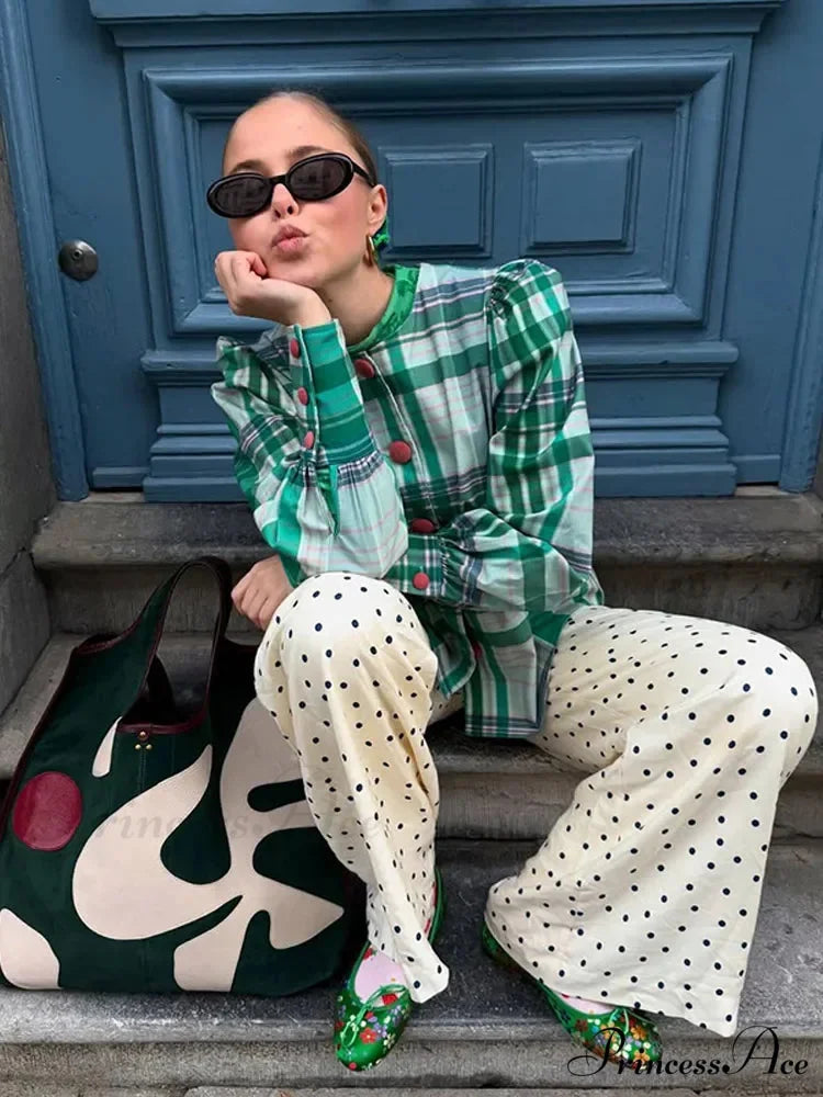 Retro Tartan Opposing Round Neck Blouse blouse-250223