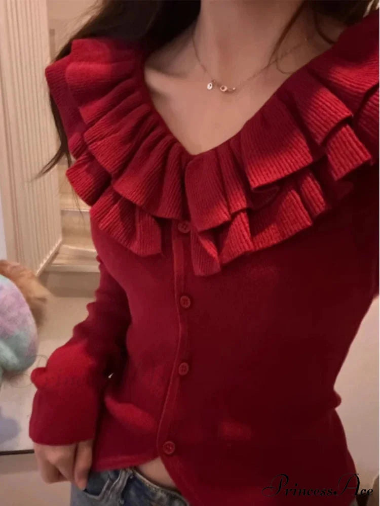 Retro U-Neck Ruffles Knitted Slim Fit Long Sleeve Cardigan Christmas Sweater Red / S