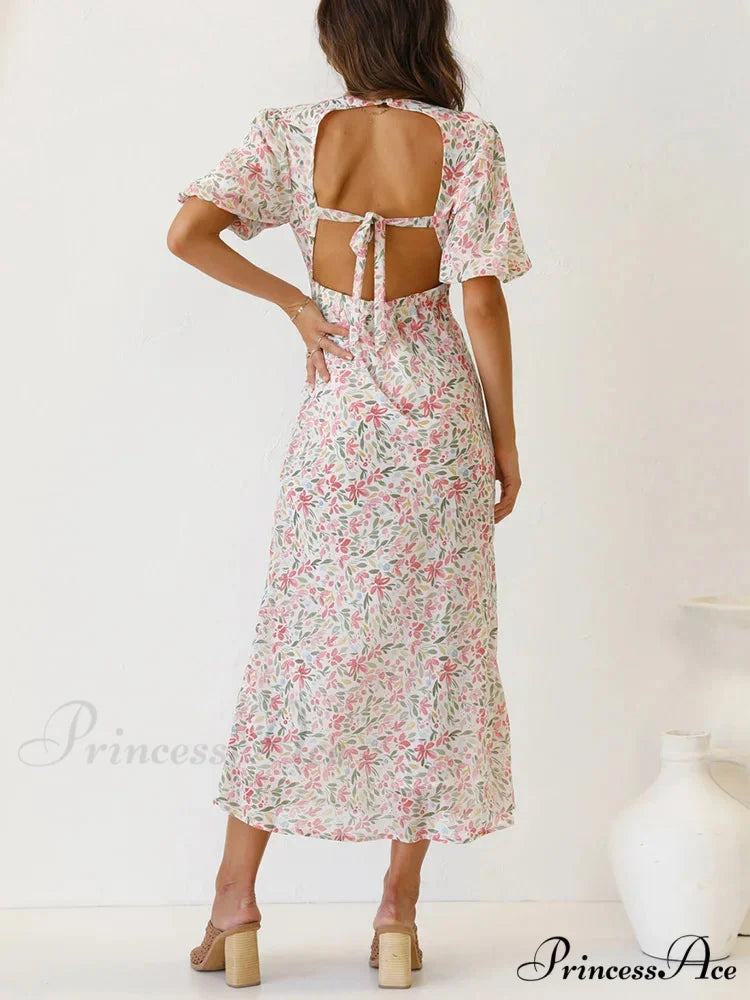 Retro V-neck Open-back Floral Dress oldfloraldress-250126