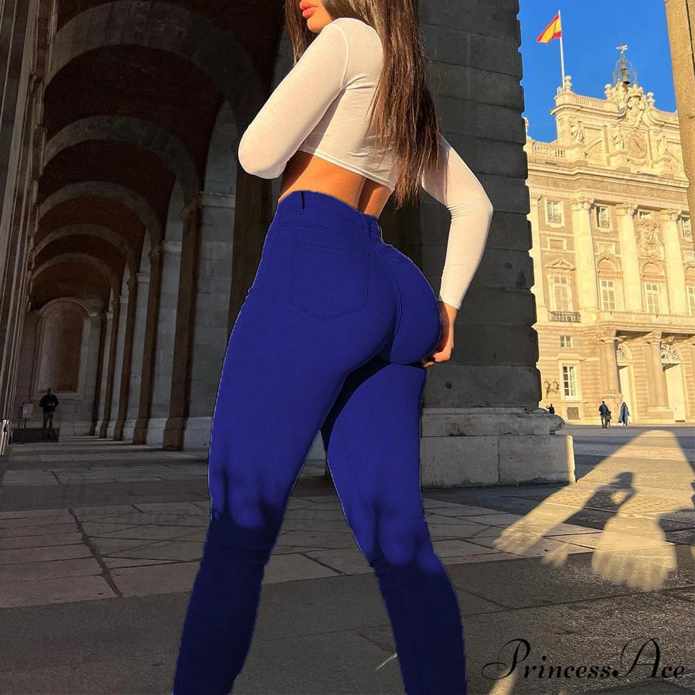 Retro Washed Elastic Slim Pencil Trousers DeepBlue / S