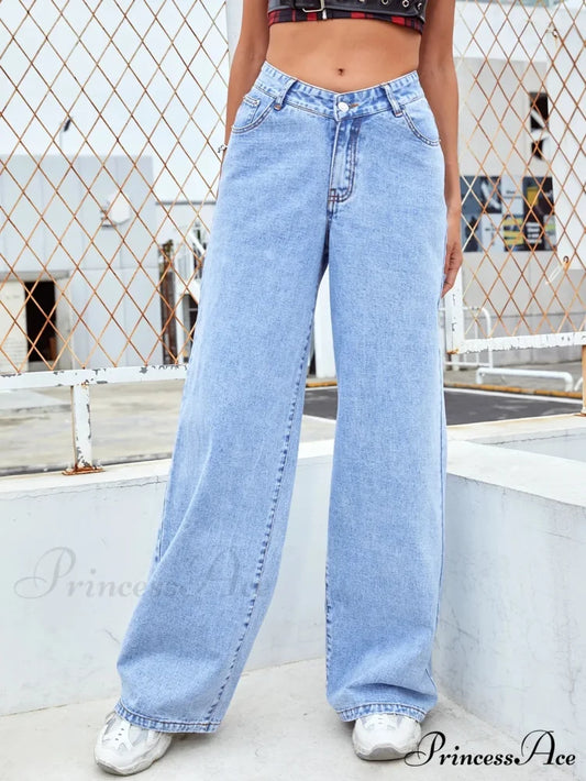 Retro Wide Loose Slimming High Street Straight Denim Jean Blue / XS