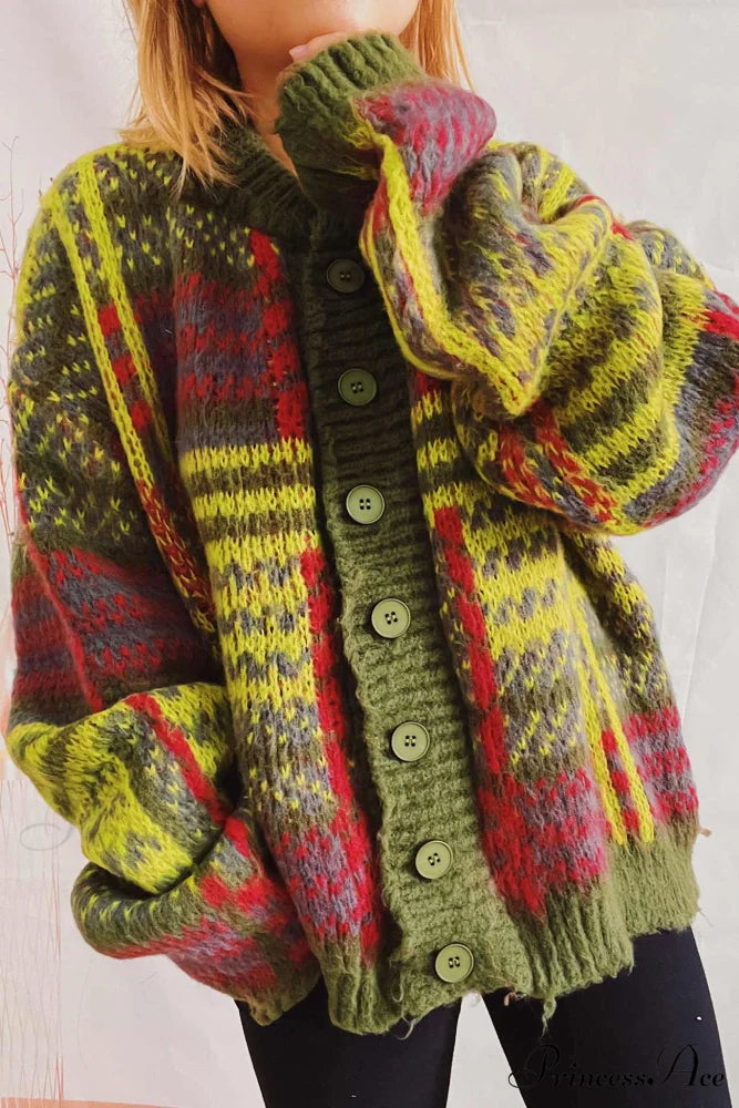 Retro with Striped Cardigan Contrast Green / L