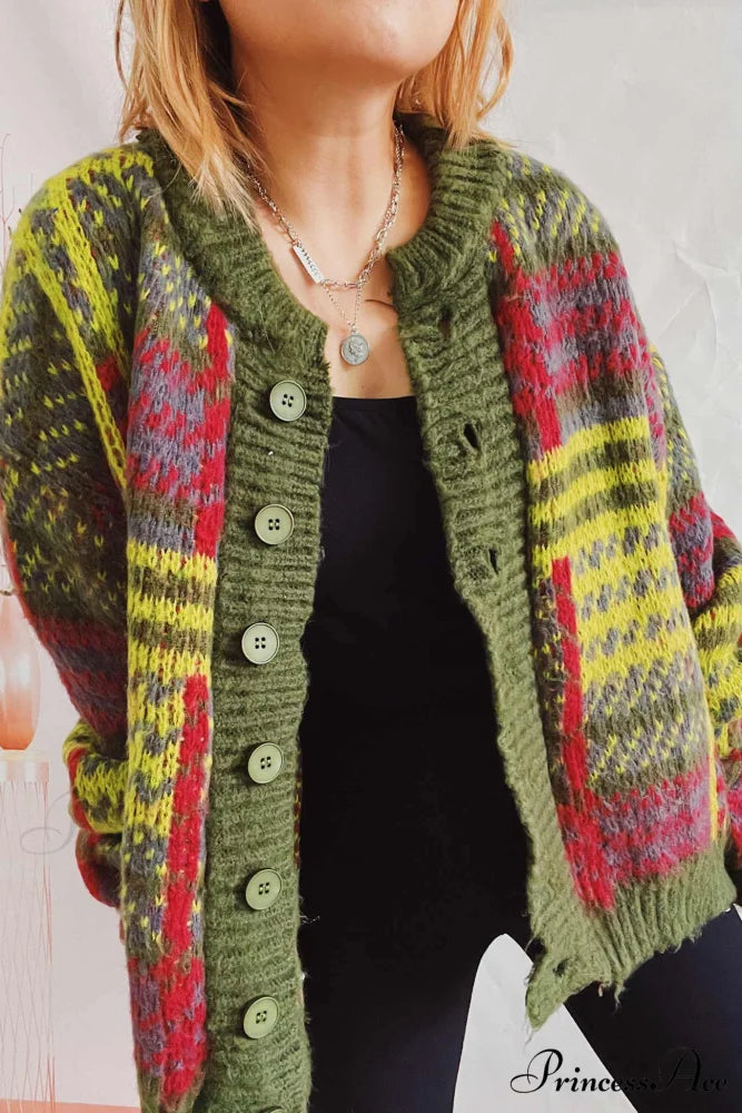 Retro with Striped Cardigan Contrast Green / M