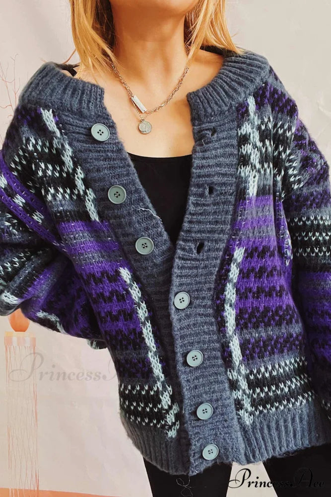 Retro with Striped Cardigan Contrast Purple / L