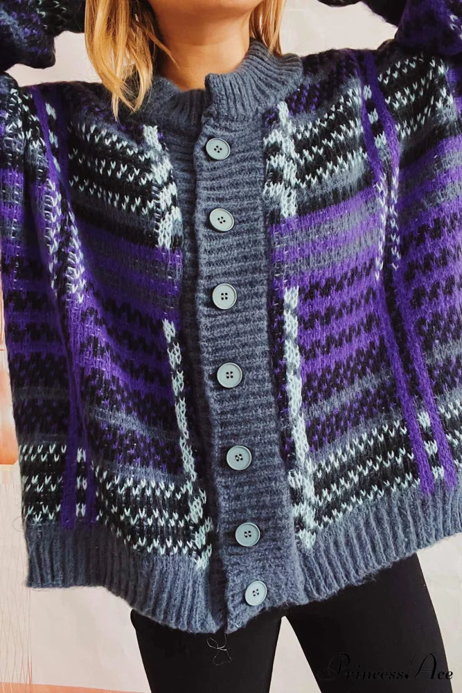 Retro with Striped Cardigan Contrast Purple / XL
