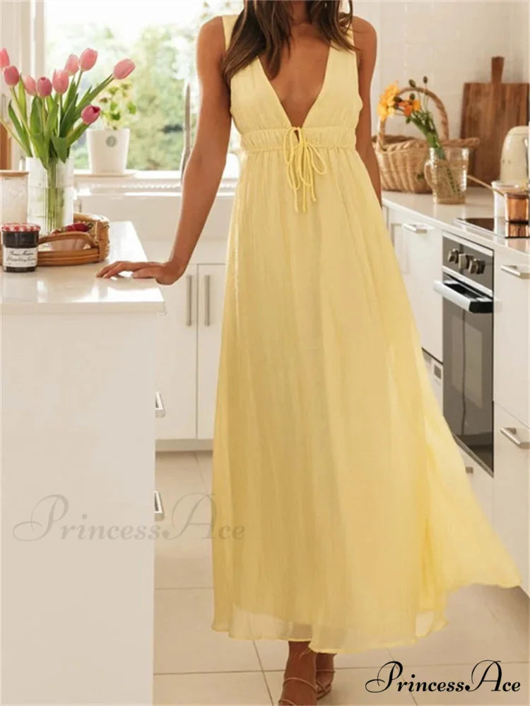 Retro Women Evening Party Solid Color Sleeveless Deep V-Neck Front Tie-up Formal Female Vestido YELLOW / S