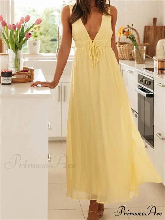 Retro Women Evening Party Solid Color Sleeveless Deep V-Neck Front Tie-up Formal Female Vestido YELLOW / S