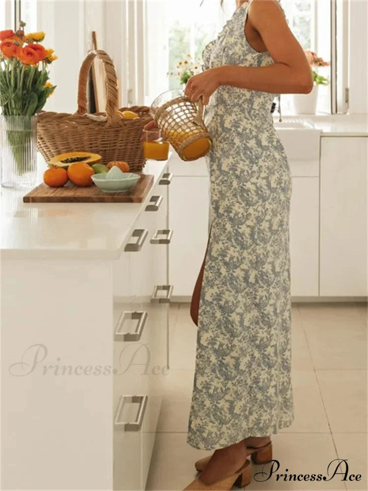 Retro Women Floral Print Sleeveless V Neck Front Lace-up High Split Spring Summer Backless Vestidos