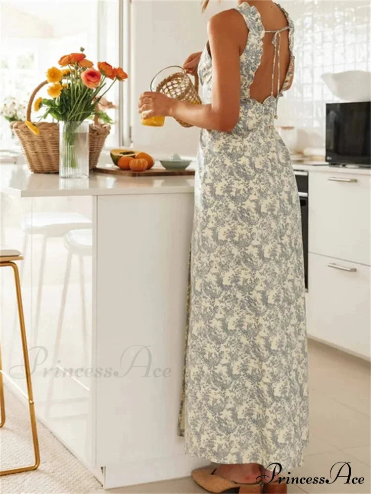 Retro Women Floral Print Sleeveless V Neck Front Lace-up High Split Spring Summer Backless Vestidos