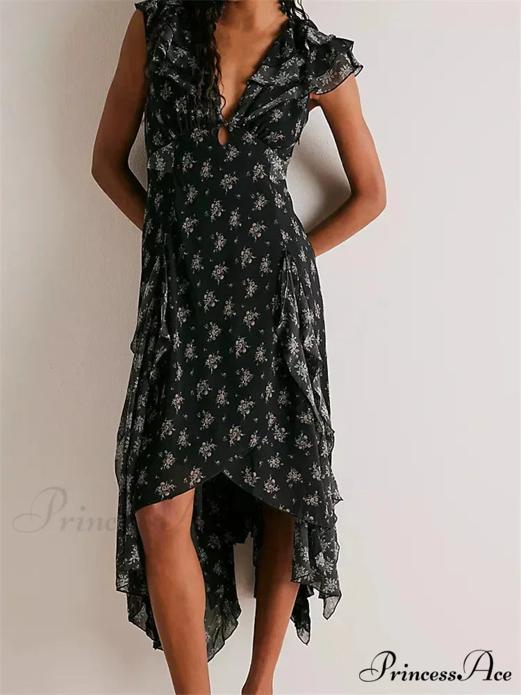 Retro Women Summer Casual Floral Print Ruffles Sleeveless V-Neck Fashion Holiday Beach Vestidos BLACK / S