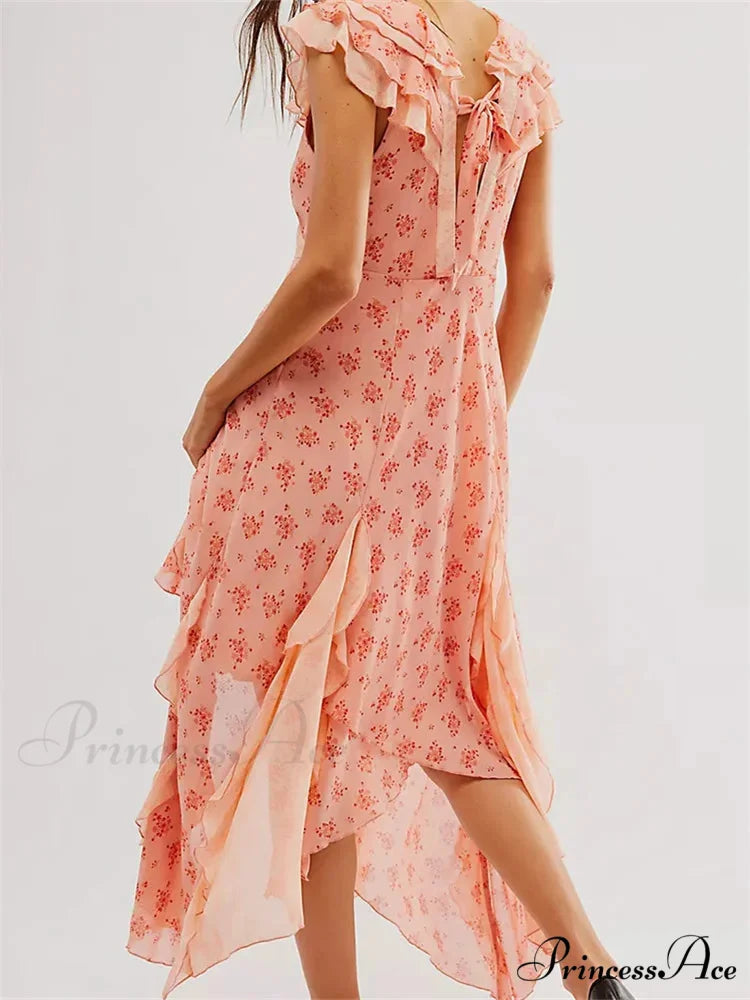 Retro Women Summer Casual Floral Print Ruffles Sleeveless V-Neck Fashion Holiday Beach Vestidos PEACH / S